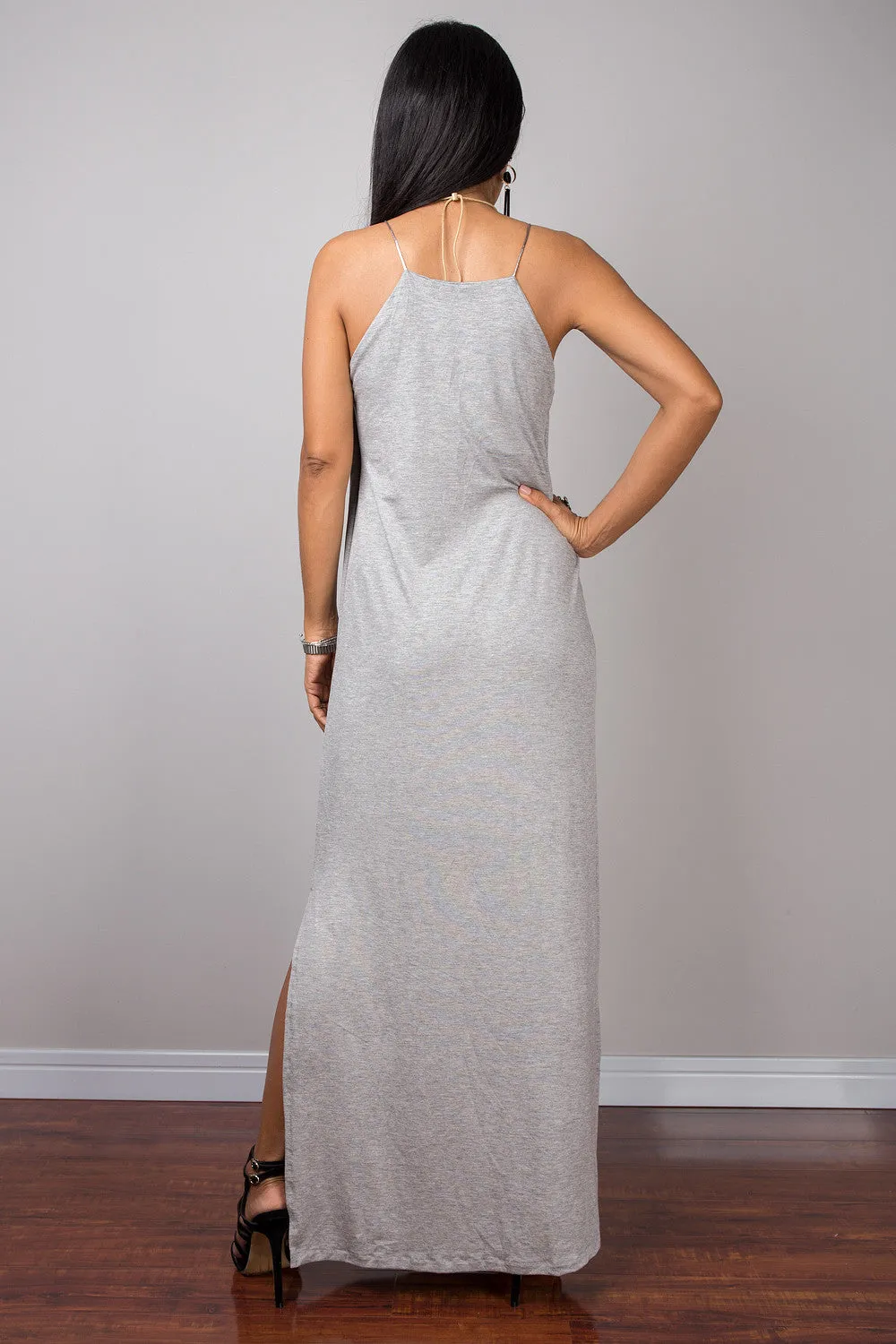 Grey dress, Spaghetti halter dress, summer dress, maxi dress, sleeveless dress, long grey dress, split dress, tube dress