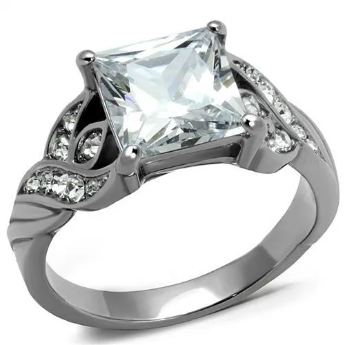 High polished (no plating) Stainless Steel Ring with AAA Grade CZ in Clear for Women Style TK2657