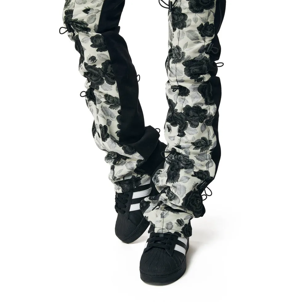 High Rise Flower Stacked Twill Pants - Black