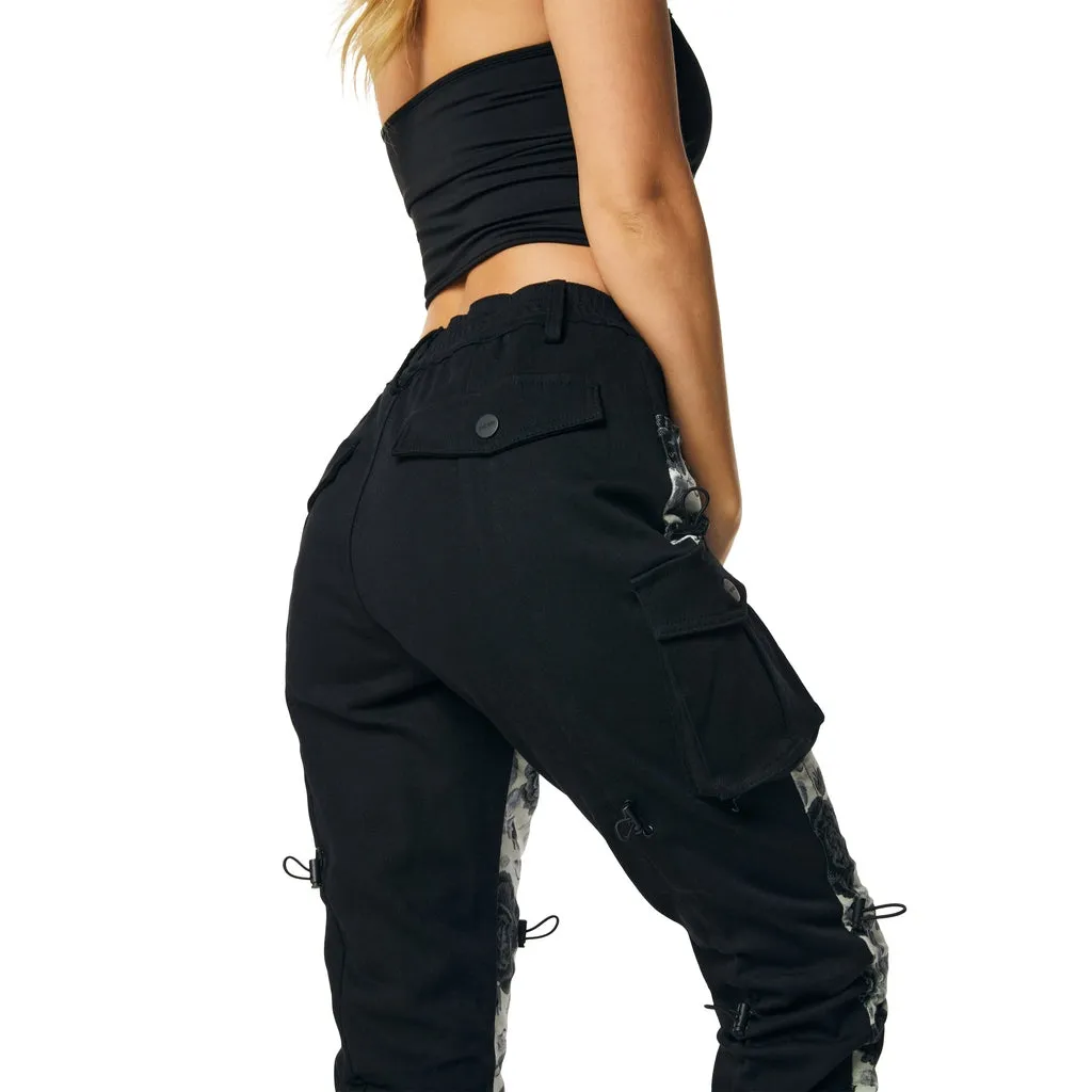 High Rise Flower Stacked Twill Pants - Black