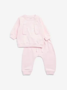 HOP Baby Pink Animal Design Cotton Sweatshirt with Pants Set