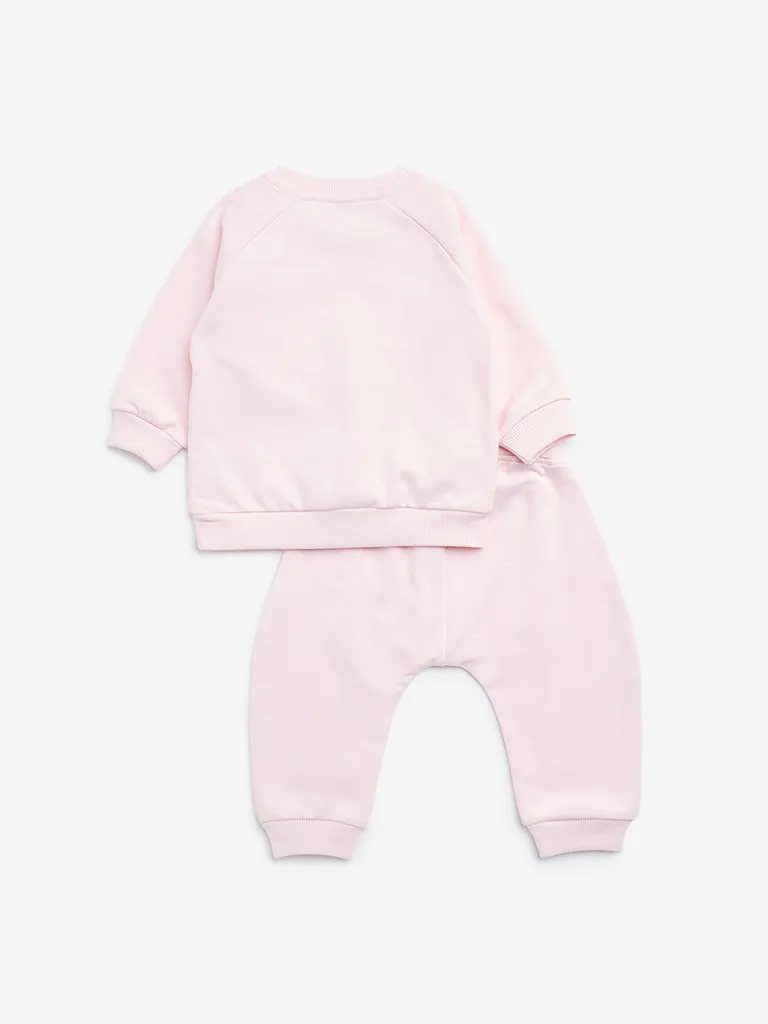 HOP Baby Pink Animal Design Cotton Sweatshirt with Pants Set