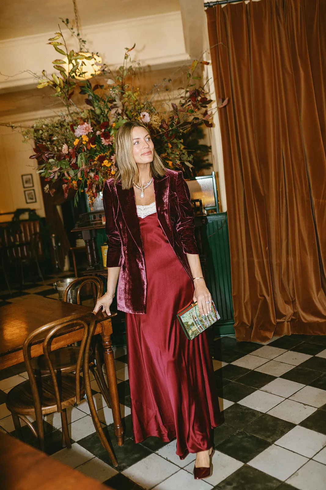 Jacquelyn Silk Dress in Burgundy by Miguelina (HerStory Exclusive)