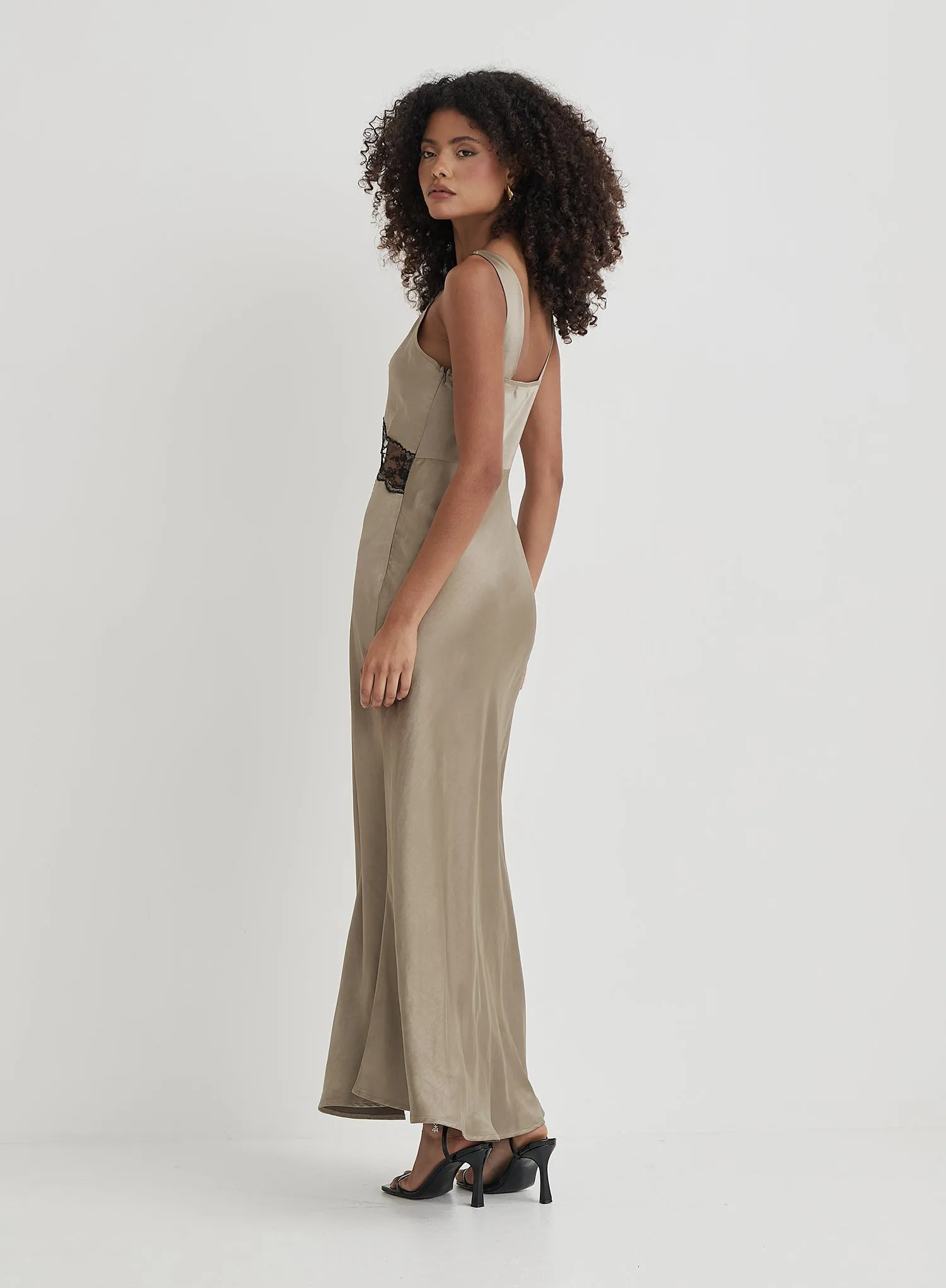 Khaki Satin Lace Slip Dress- Kelsey