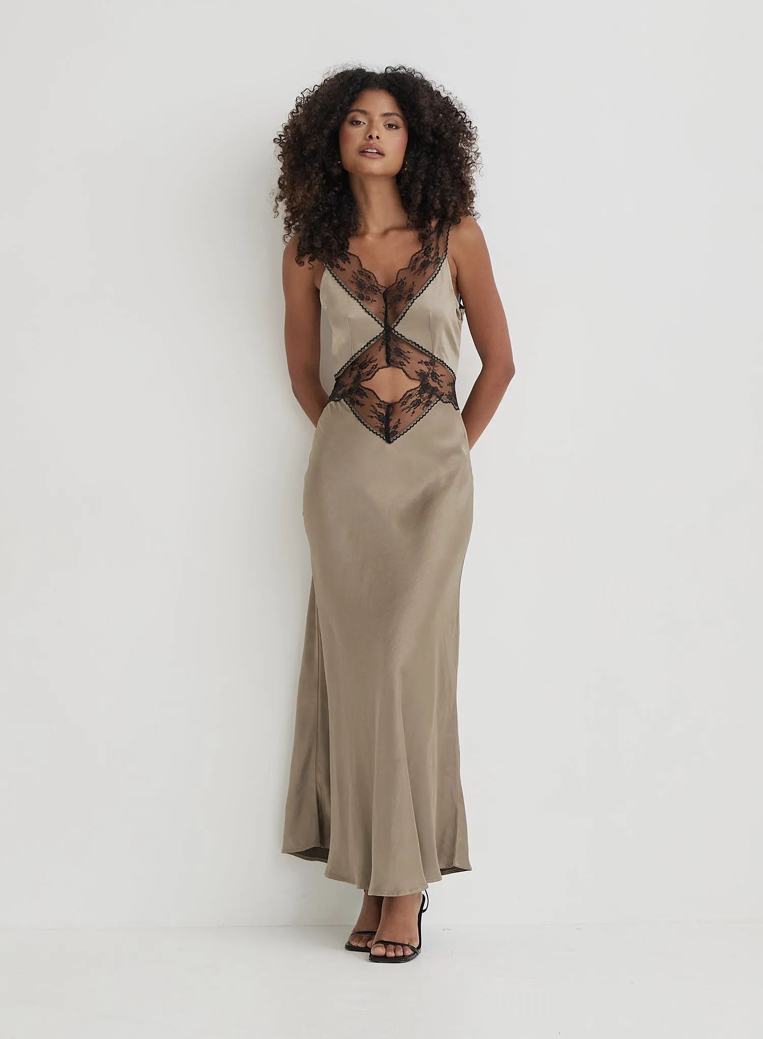 Khaki Satin Lace Slip Dress- Kelsey