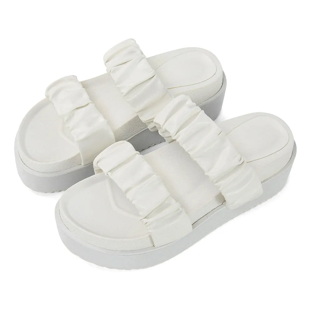 Lalia Ruched Double Strap Flatform Slide Sandals in White Synthetic Leather