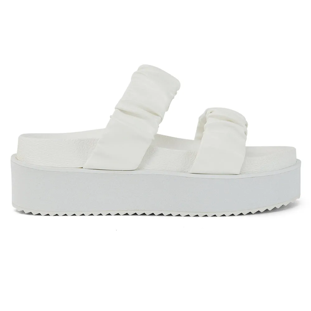 Lalia Ruched Double Strap Flatform Slide Sandals in White Synthetic Leather