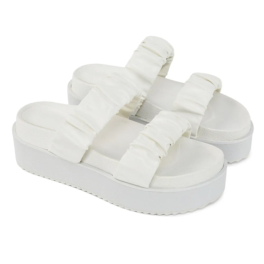 Lalia Ruched Double Strap Flatform Slide Sandals in White Synthetic Leather