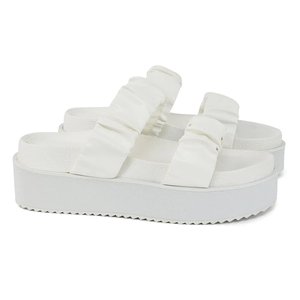 Lalia Ruched Double Strap Flatform Slide Sandals in White Synthetic Leather