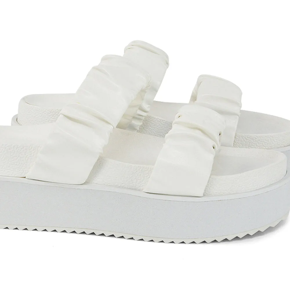 Lalia Ruched Double Strap Flatform Slide Sandals in White Synthetic Leather