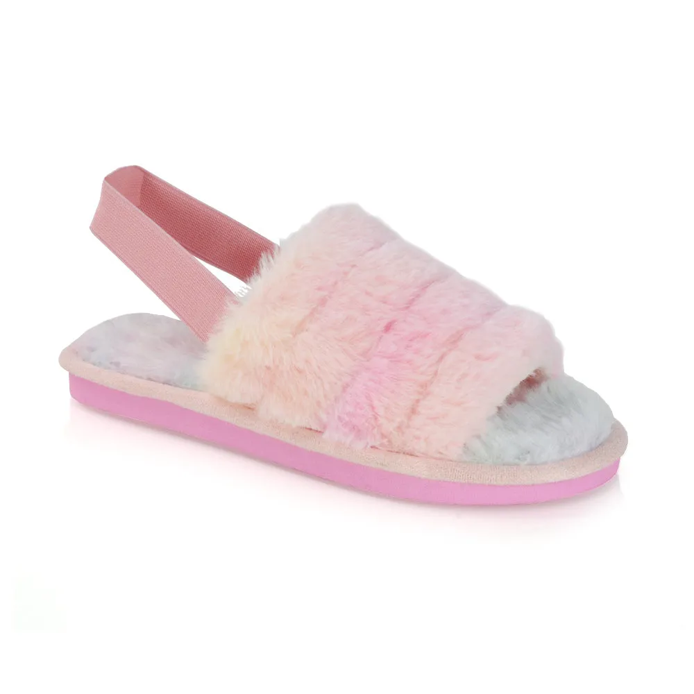 Lana Faux Fur Sling Back Ribbed Strappy Soft Cosy Fluffy Slippers in Pink