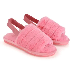 Lana Faux Fur Sling Back Ribbed Strappy Soft Cosy Fluffy Slippers in Pink