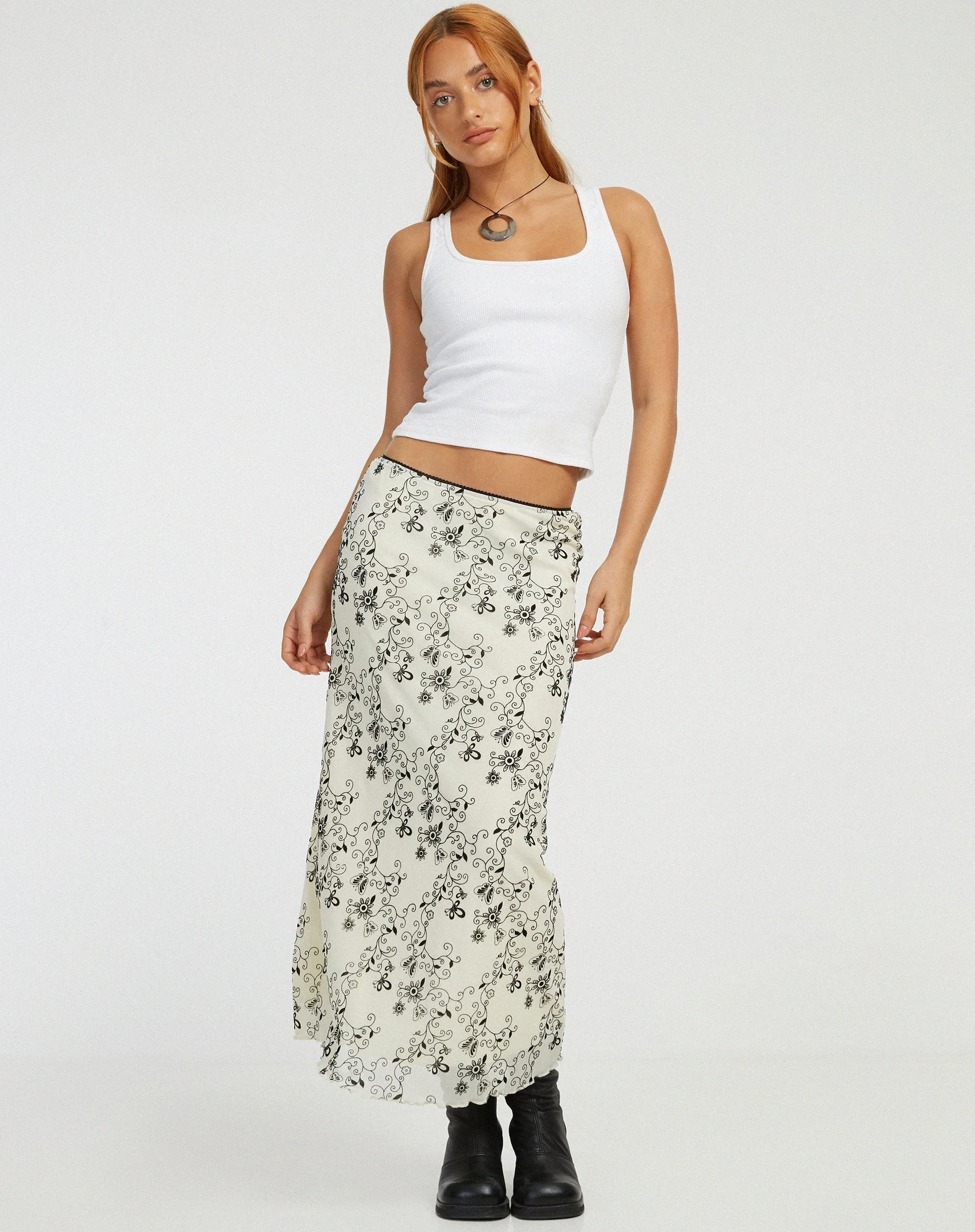 Lassie Maxi Skirt in Butterfly Vine Flock White