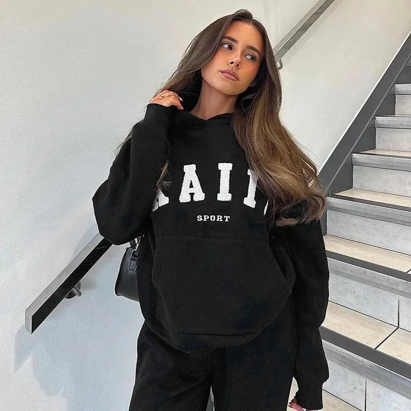 Letter Embroidered Graphic Hoodies Sweatshirt Pullovers Fall Winter Clothes 2024 Women Casual Long Sleeve Top P69-DH61