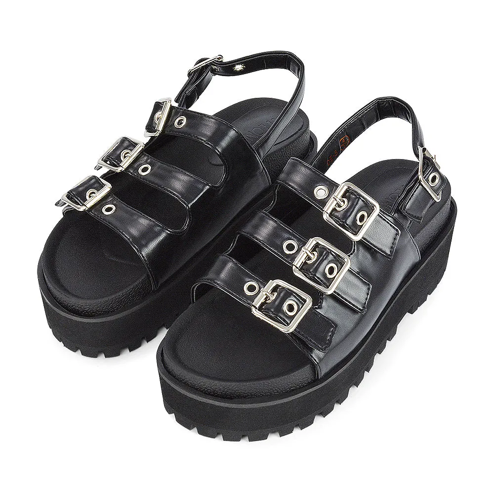 Lyric Buckle Detail Strappy Chunky Sole Flatform Sandals in Black