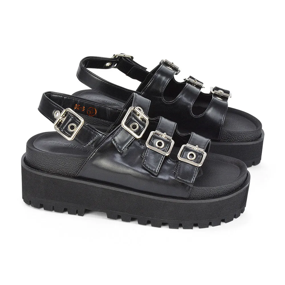 Lyric Buckle Detail Strappy Chunky Sole Flatform Sandals in Black