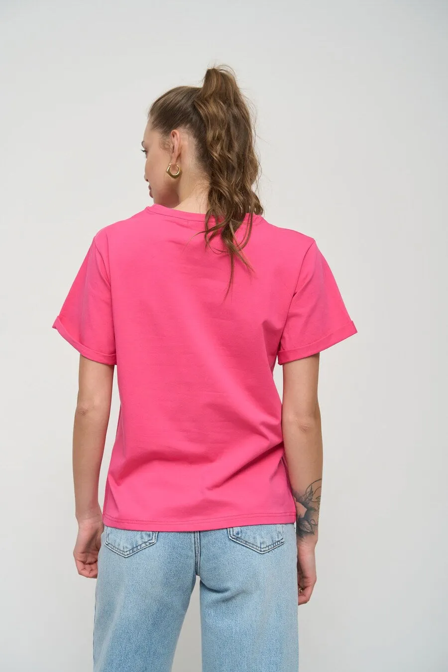 Magenta Pink Oversized Roll Up Sleeve T-Shirt