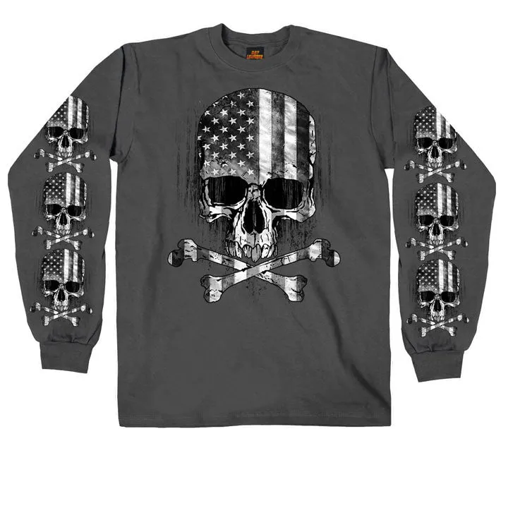 MENS CHARCOAL LONG SLEEVE FLAG SKULL SHIRT