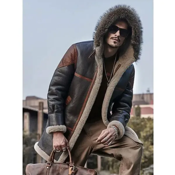 Men's Hooded Bomber Shearling Leather Trench Coat Jacket