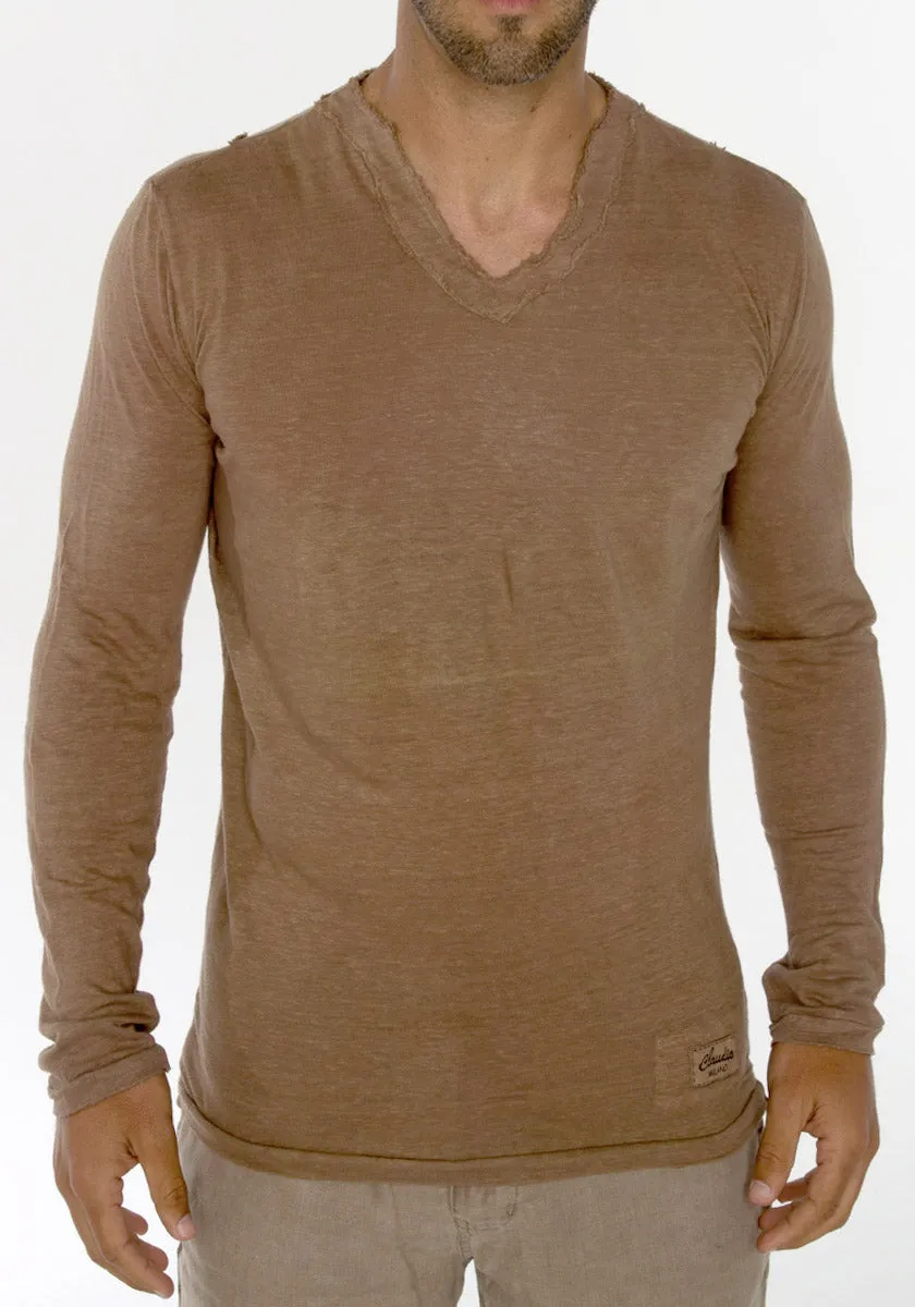 Men's Linen V Neck T-Shirt | Italian Style Jersey Linen, Fitted Long Sleeve Design, Item #1125