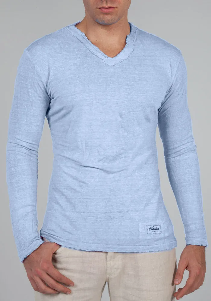 Men's Linen V Neck T-Shirt | Italian Style Jersey Linen, Fitted Long Sleeve Design, Item #1125