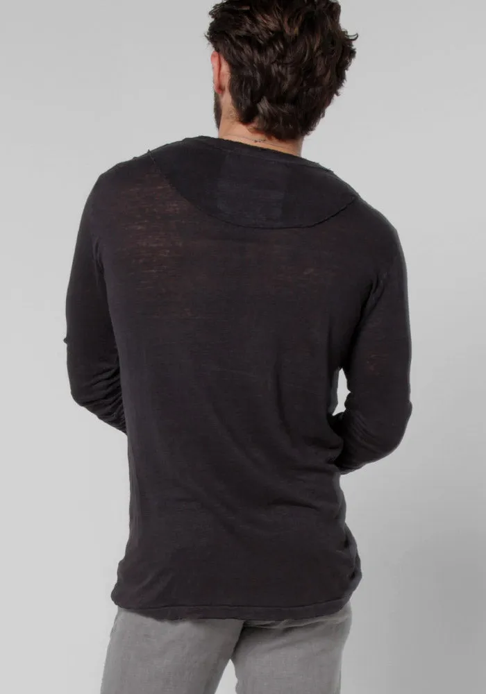 Men's Linen V Neck T-Shirt | Italian Style Jersey Linen, Fitted Long Sleeve Design, Item #1125