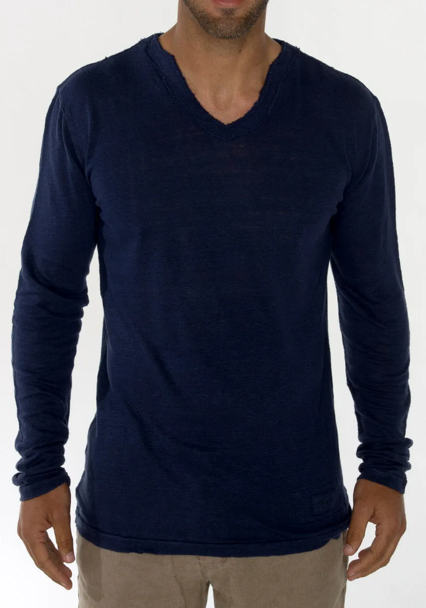 Men's Linen V Neck T-Shirt | Italian Style Jersey Linen, Fitted Long Sleeve Design, Item #1125