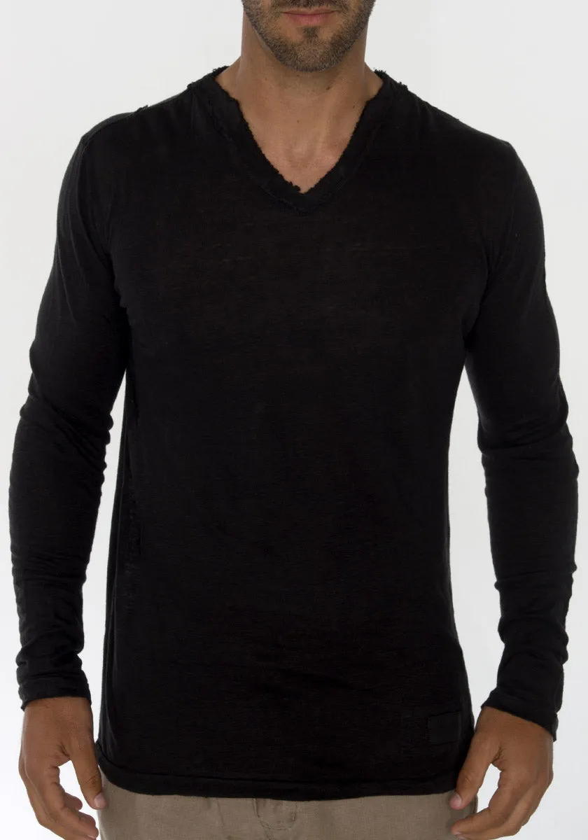 Men's Linen V Neck T-Shirt | Italian Style Jersey Linen, Fitted Long Sleeve Design, Item #1125