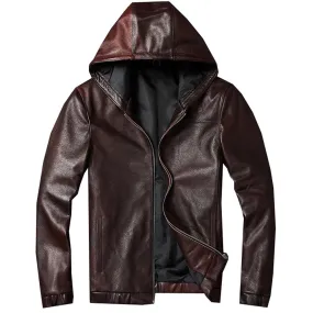 Mens Nico Simple Genuine Lambskin Leather Hooded Bomber Jacket