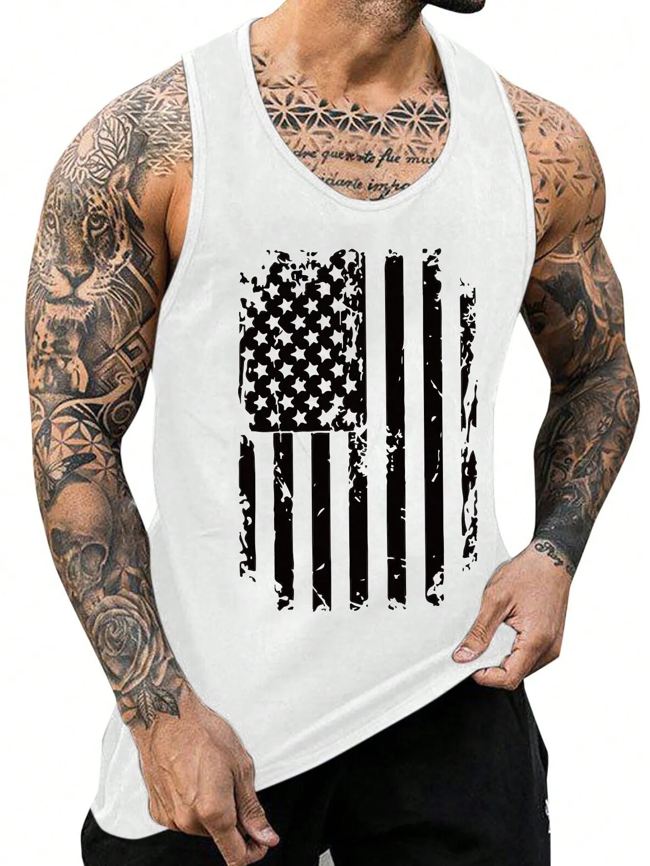 Men's Sleeveless Flag Print Tank Top - Casual Streetwear, Scoop Neck, Stretch Fabric