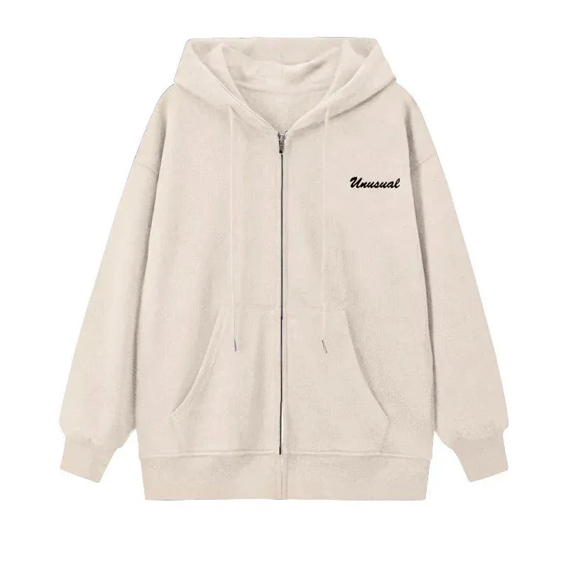 Metaversmall Casual Hooded Chicly Drawstring Women Hoodies Basic Letter Printing Street Simple Loose Fashion Zipper Top Female Hoodies