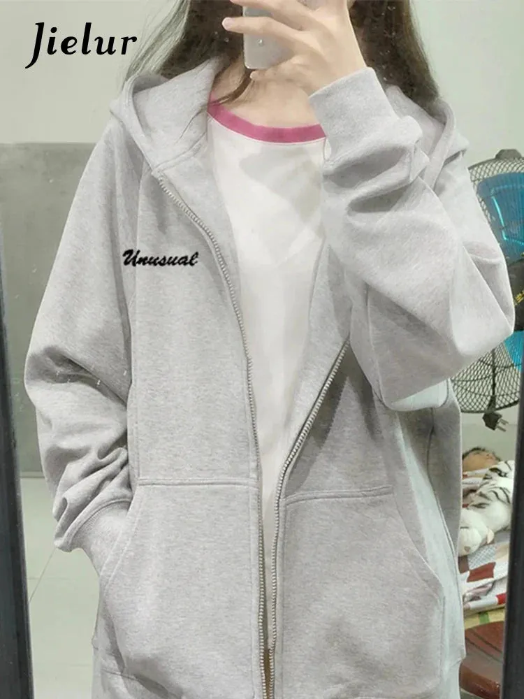 Metaversmall Casual Hooded Chicly Drawstring Women Hoodies Basic Letter Printing Street Simple Loose Fashion Zipper Top Female Hoodies