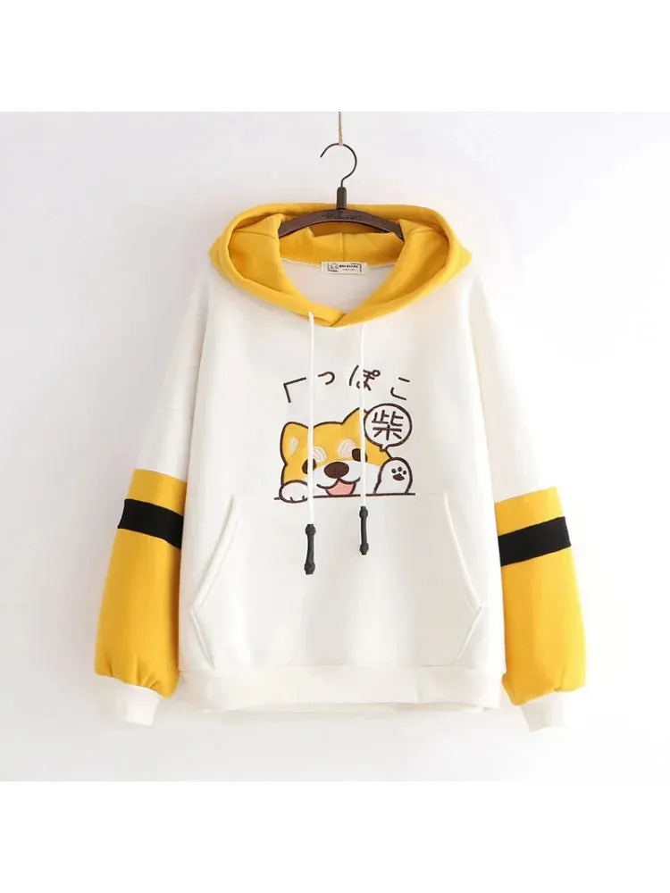 Metaversmall Women Cartoon Dog Embroidery Harajuku Hoodies Sweatshirts 2020 Winter Patchwork Hooded Plus Velvet Pullovers