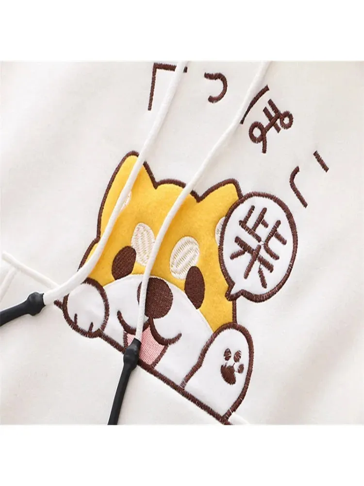 Metaversmall Women Cartoon Dog Embroidery Harajuku Hoodies Sweatshirts 2020 Winter Patchwork Hooded Plus Velvet Pullovers