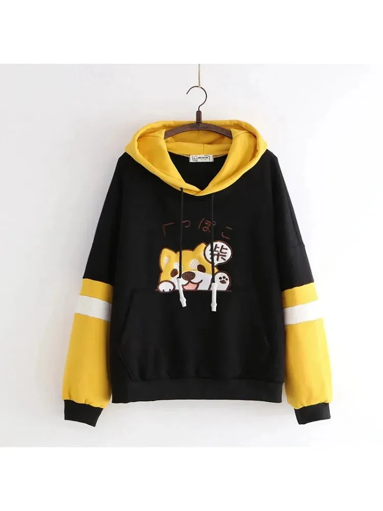 Metaversmall Women Cartoon Dog Embroidery Harajuku Hoodies Sweatshirts 2020 Winter Patchwork Hooded Plus Velvet Pullovers