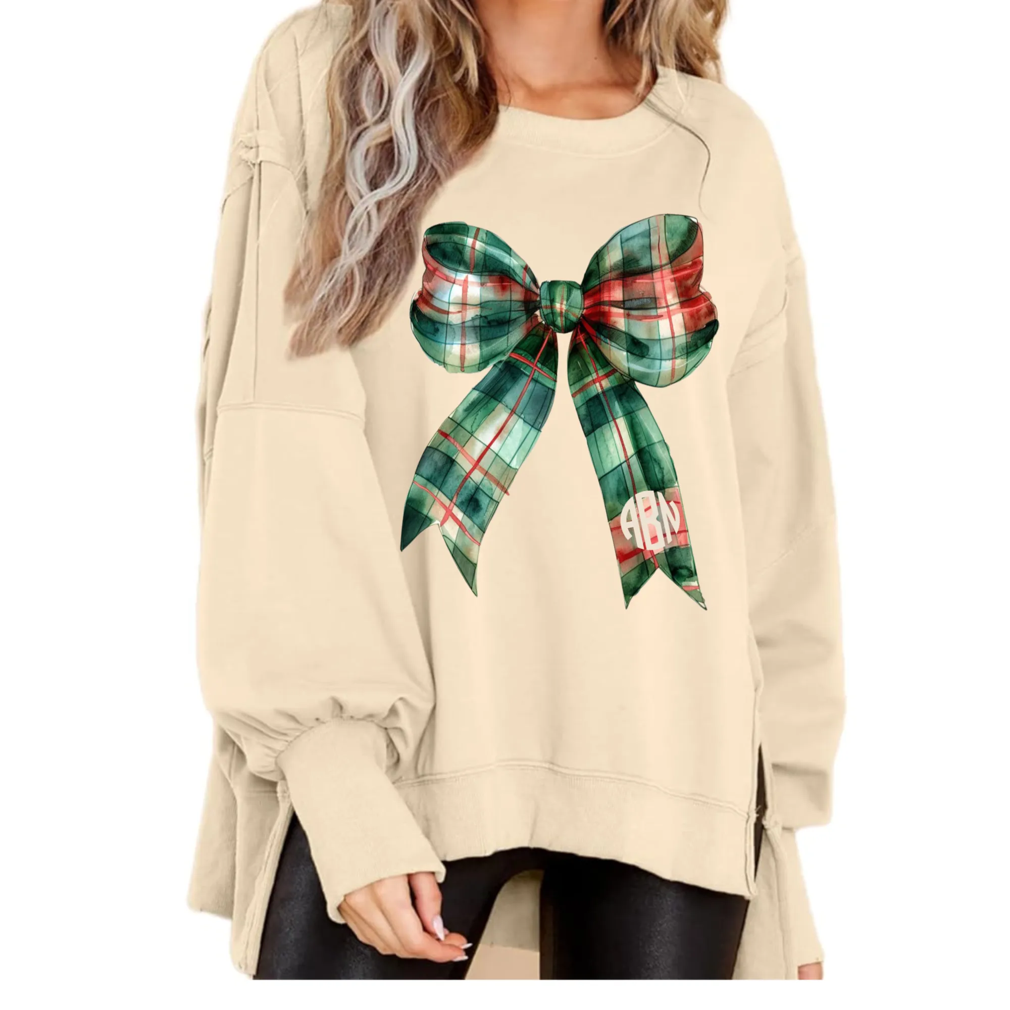 Monogrammed Boutique Balloon Sleeve Christmas Bow Sweater - Direct To Film Printed