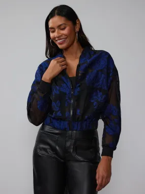 Navy Black Brocade Floral Bomber Jacket