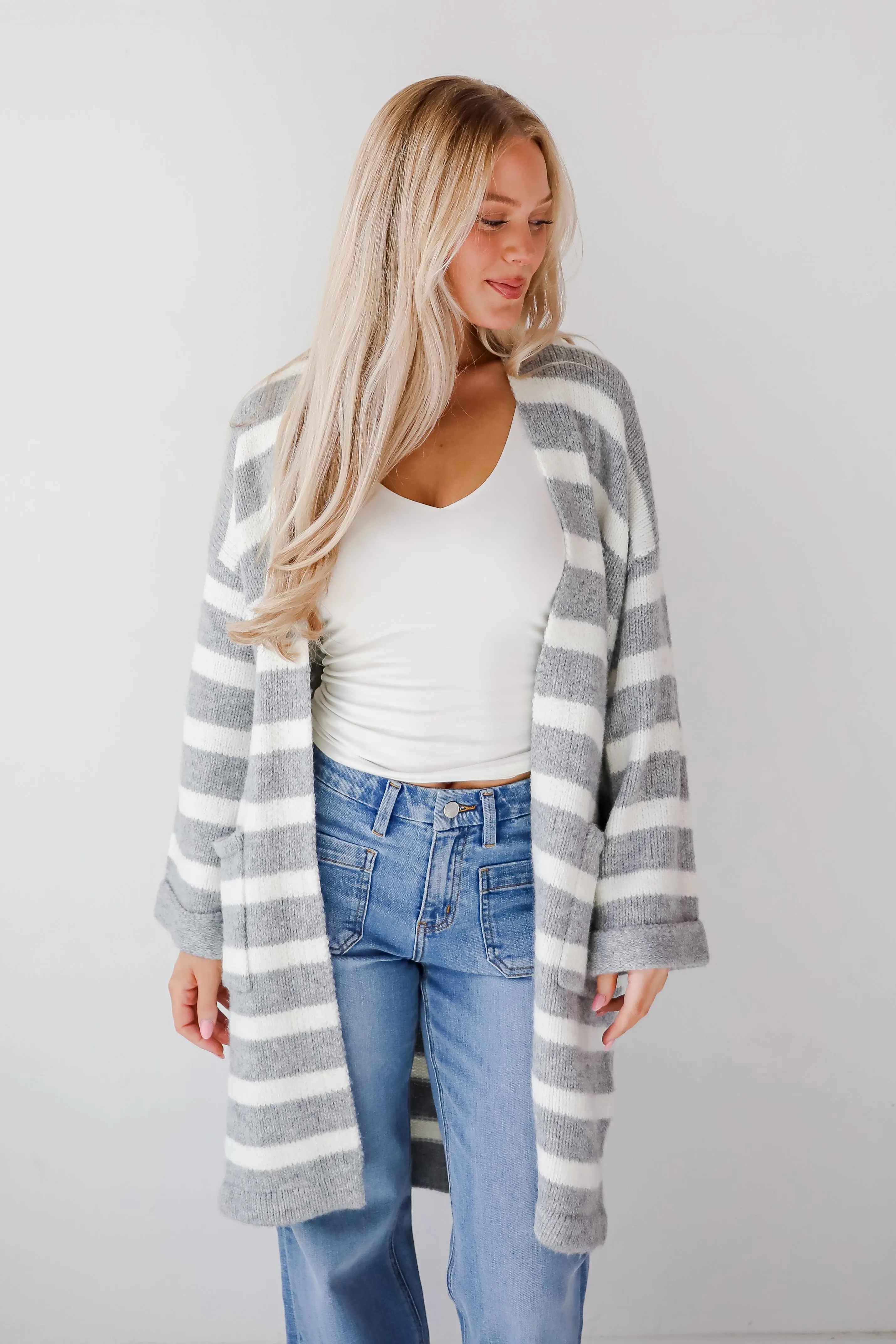 Notably Comfy Heather Grey Striped Longline Sweater Cardigan