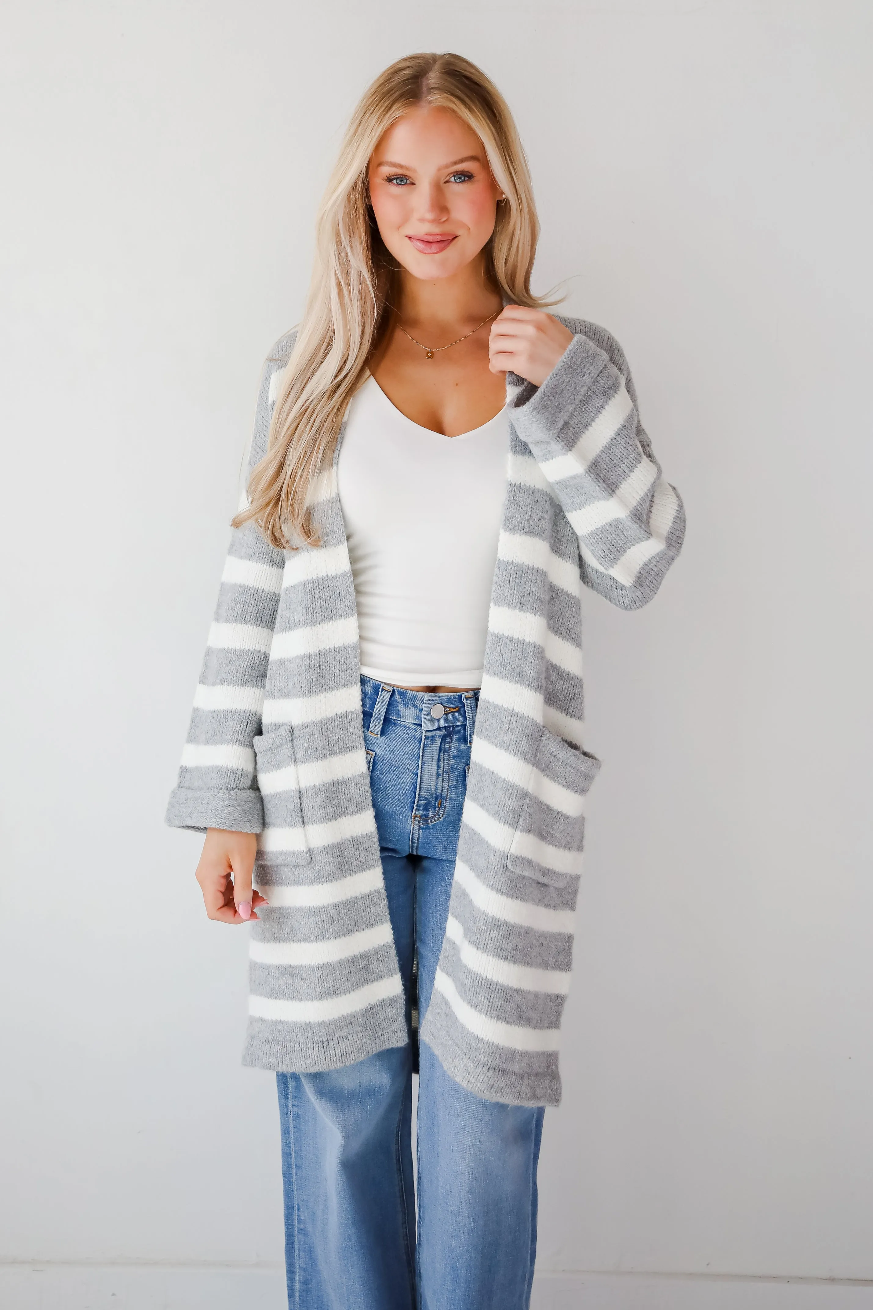 Notably Comfy Heather Grey Striped Longline Sweater Cardigan