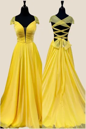 Plunge Neck Yellow Ruched Long Dress with Slit