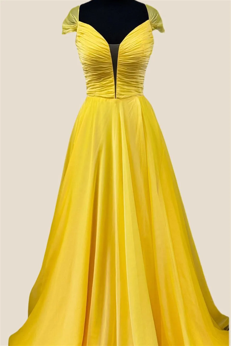 Plunge Neck Yellow Ruched Long Dress with Slit