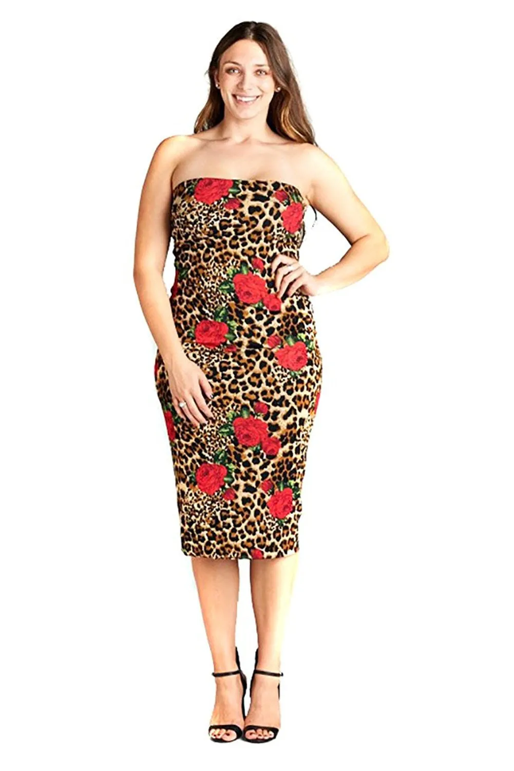 Plus Size Rose & Leopard Fitted Strapless Midi Dress