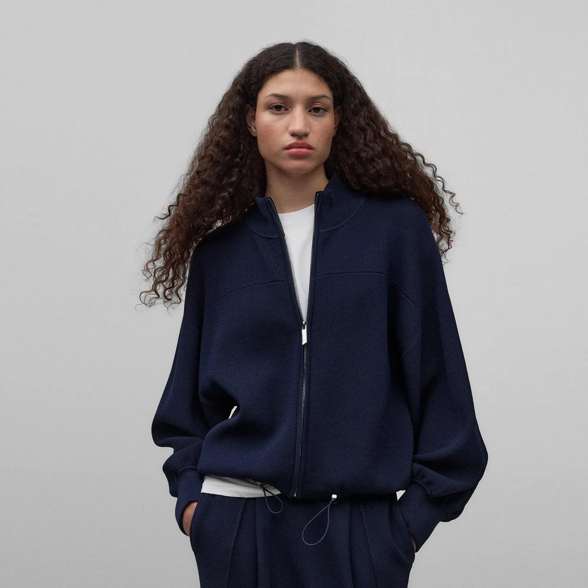 Pointelle Knit Bomber Jacket - Navy Blue