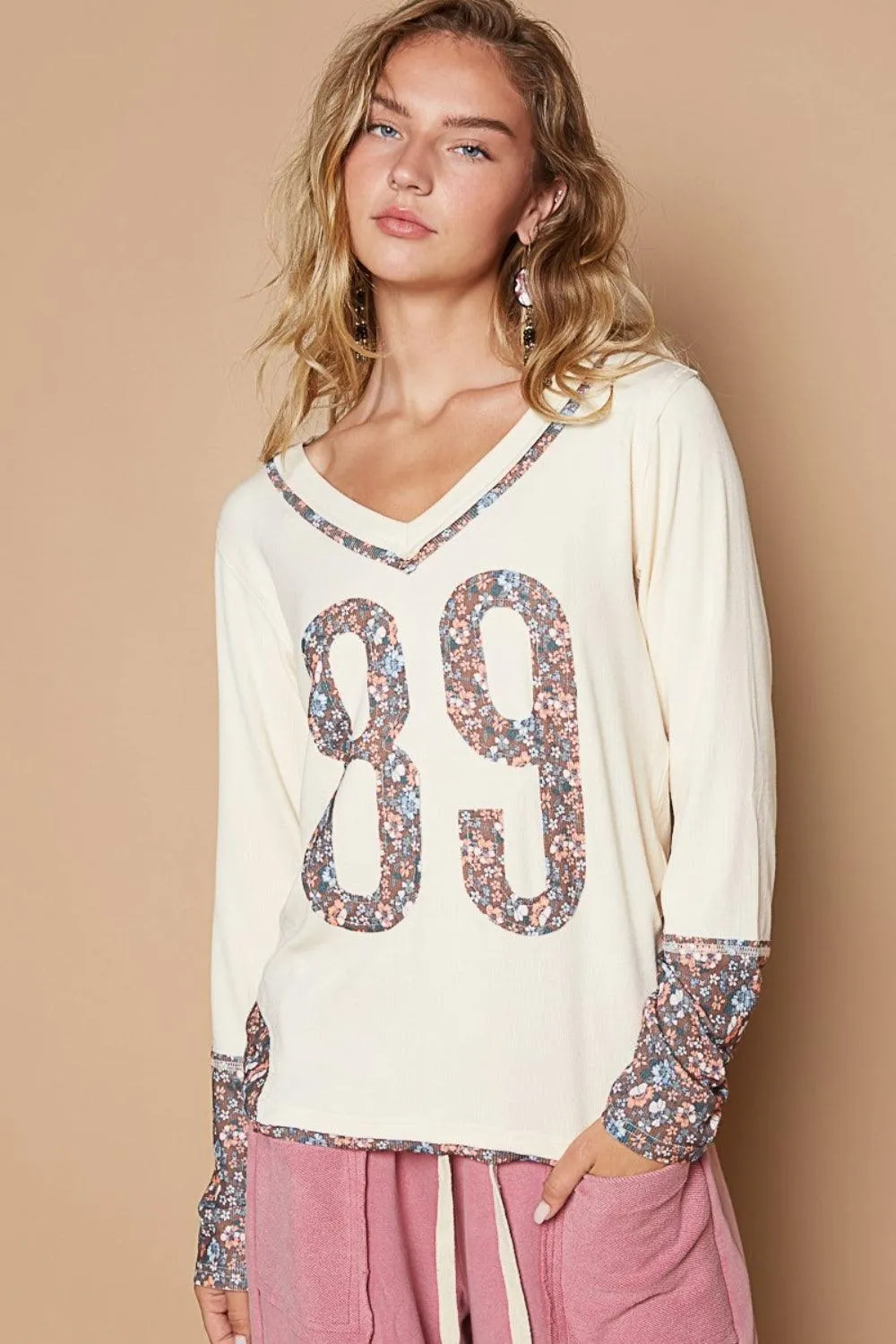 POL V-Neck T-Shirt Long Sleeve Floral Number Patch Blouse