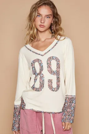 POL V-Neck T-Shirt Long Sleeve Floral Number Patch Blouse