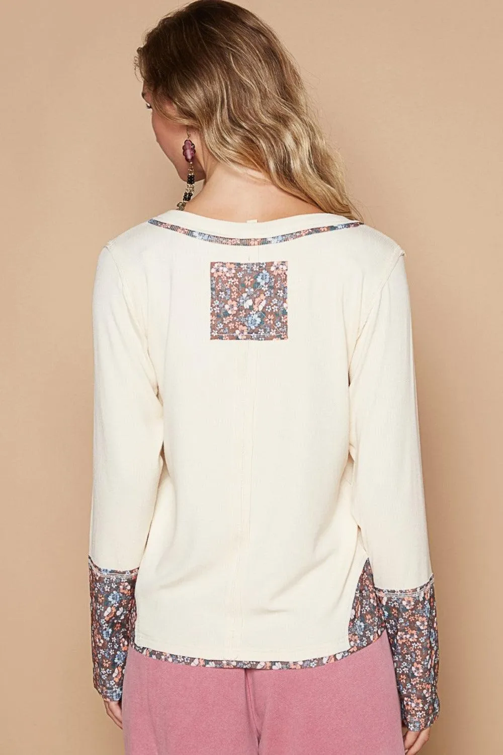 POL V-Neck T-Shirt Long Sleeve Floral Number Patch Blouse