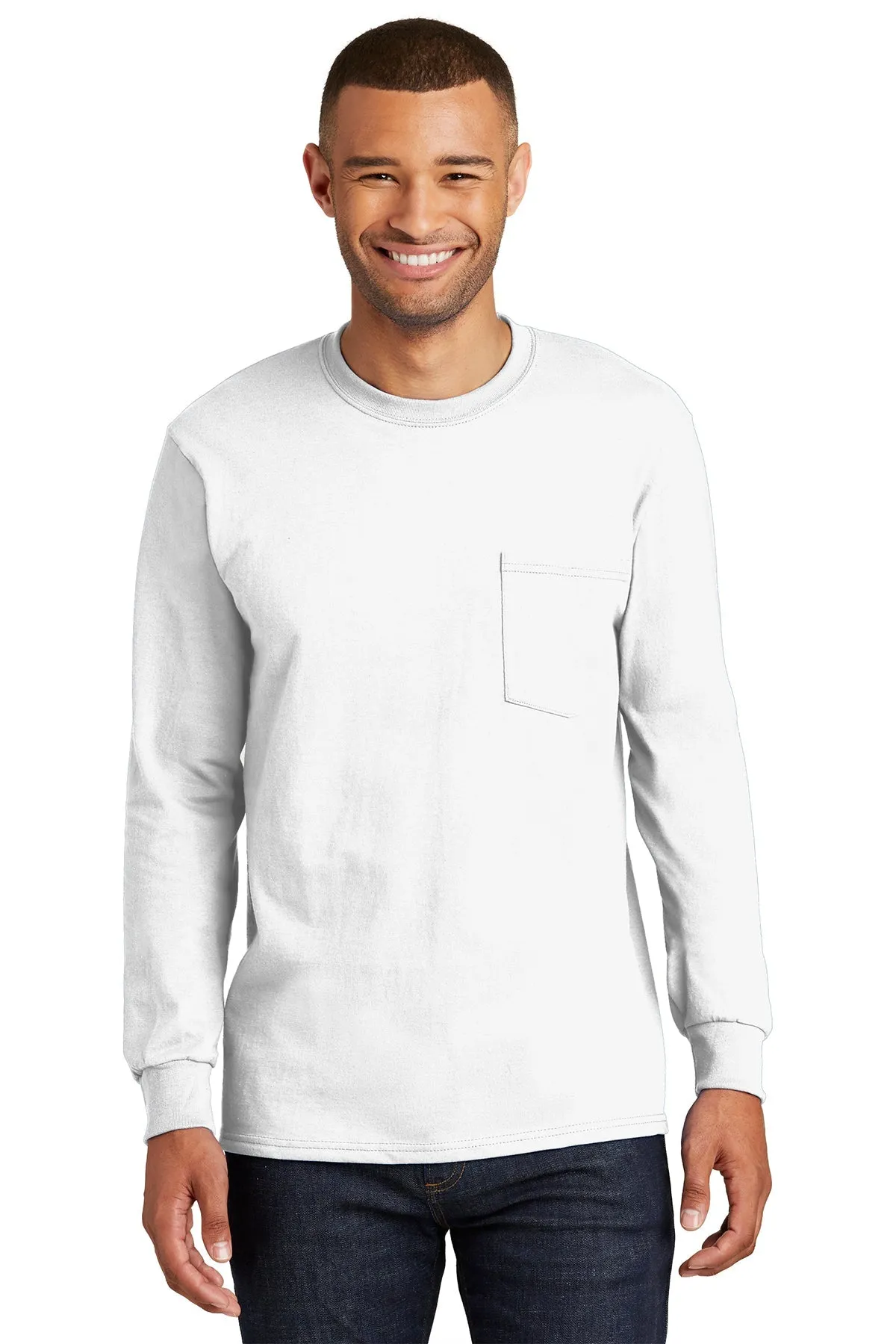 Port & Company Tall Long Sleeve Branded Essential Pocket Tee's, White