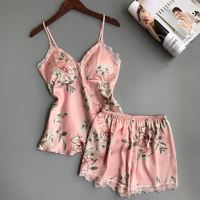 Printing Spaghetti Strap  Women Pajama Set Pad Female Summer Pajamas