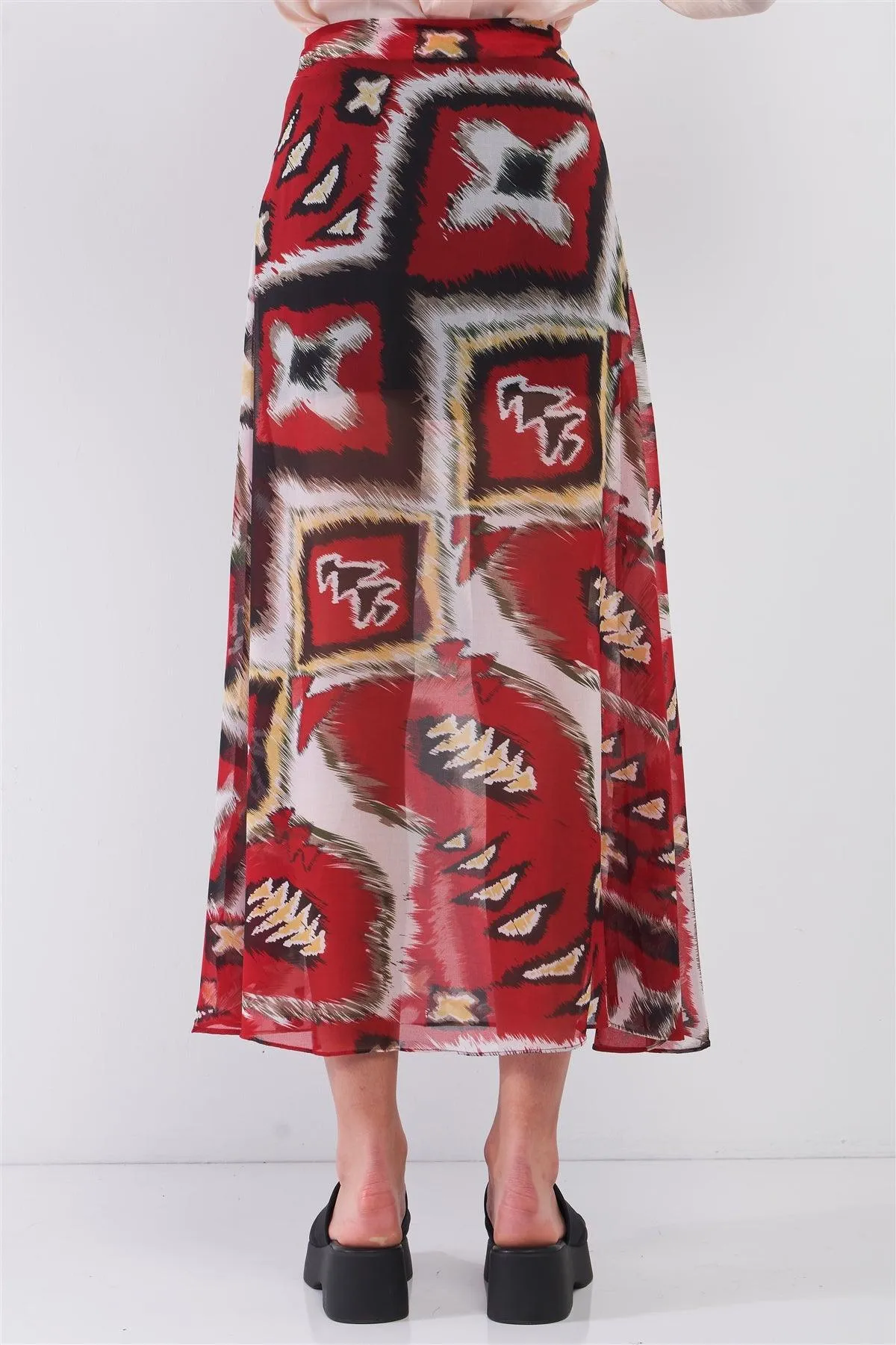 Red & Multi Vintage Graphic Print High-Waisted Two Front Slits Maxi Skirt /1-2-2