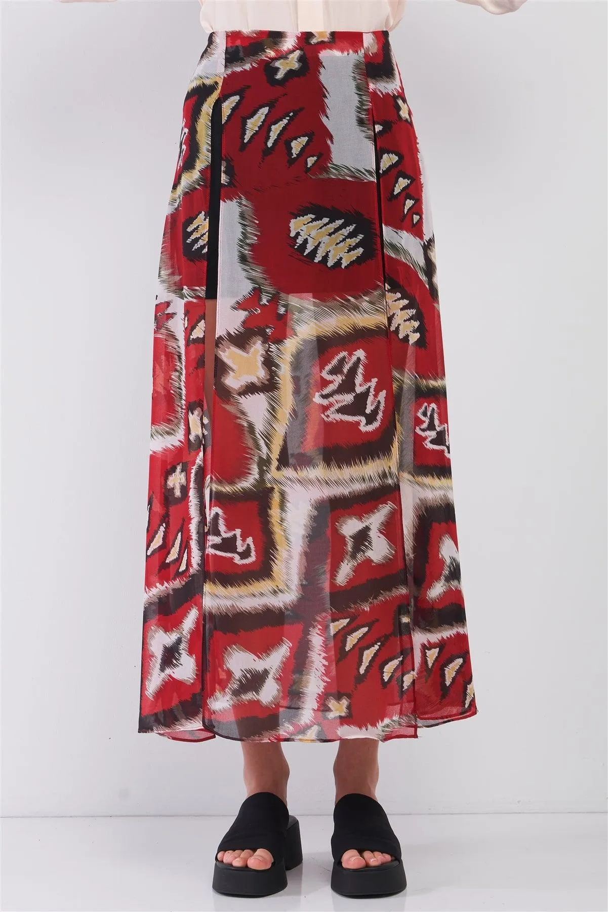 Red & Multi Vintage Graphic Print High-Waisted Two Front Slits Maxi Skirt /1-2-2